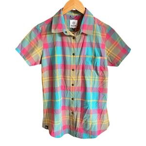NEW FLYLOW Womens Small Anderson Plaid Short Sleeve Button Up Shirt Colorful